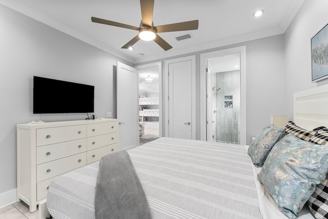 bedroom featuring ensuite bath, ceiling fan, crown molding, and light tile patterned floors