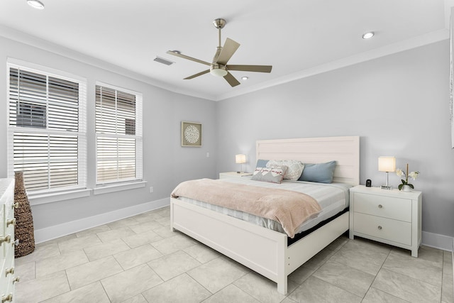 tiled bedroom with ceiling fan and ornamental molding