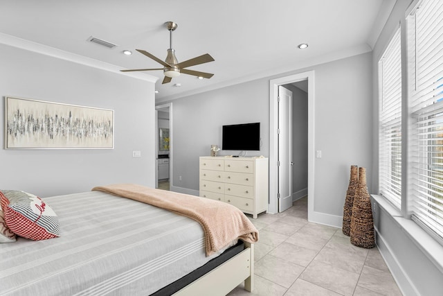 bedroom featuring multiple windows, ceiling fan, ornamental molding, and light tile patterned flooring