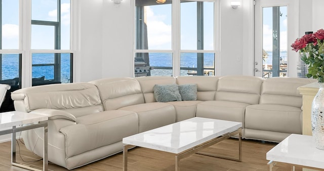 living room featuring light wood-type flooring and a water view