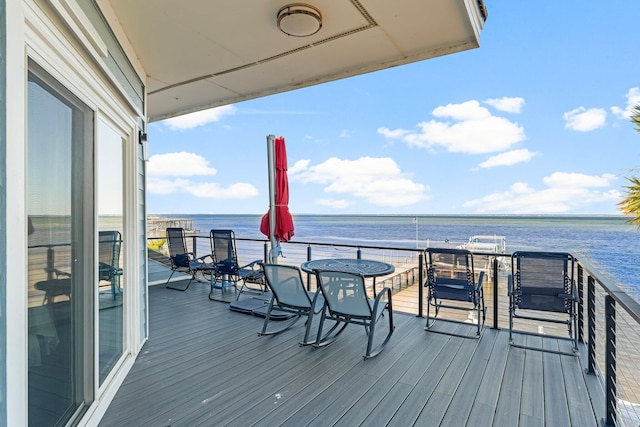 wooden terrace featuring a water view