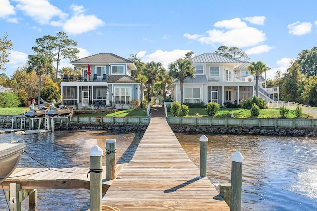 view of dock featuring a water view and a balcony