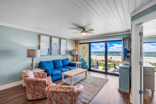 living room with ceiling fan, a water view, wood-type flooring, and wooden ceiling