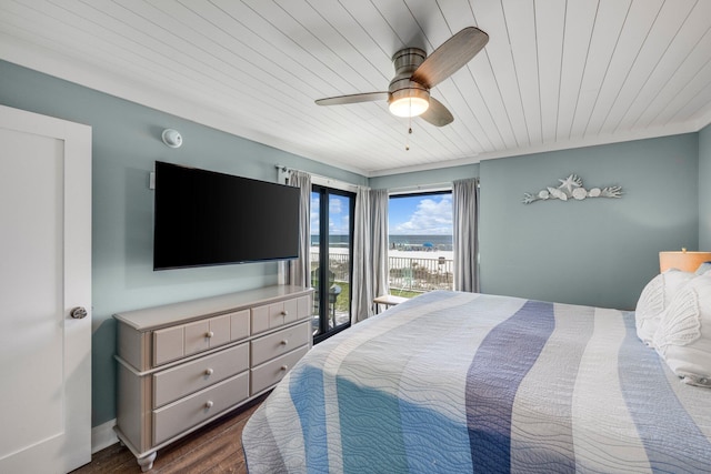 bedroom featuring ceiling fan, dark wood-type flooring, and wooden ceiling