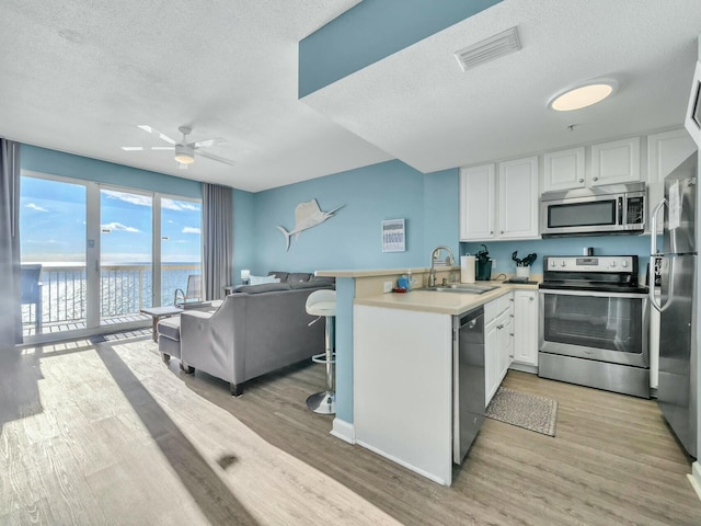 kitchen featuring a water view, sink, white cabinetry, kitchen peninsula, and stainless steel appliances