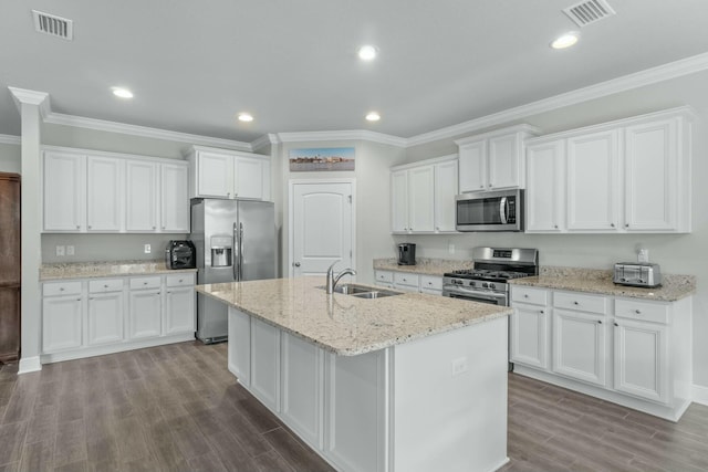 kitchen featuring white cabinetry, sink, a kitchen island with sink, and appliances with stainless steel finishes