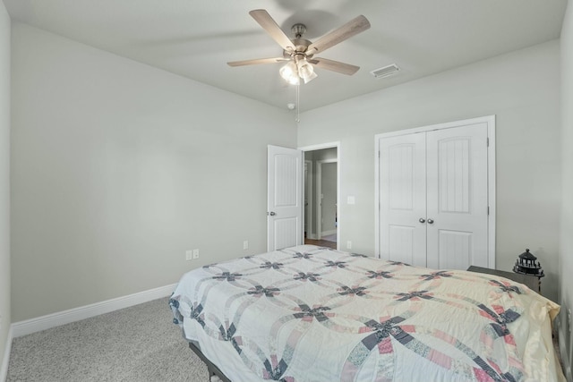 bedroom featuring carpet flooring, a closet, and ceiling fan