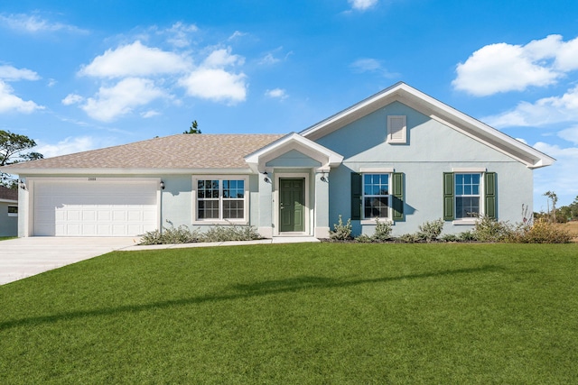 ranch-style house with a garage and a front lawn