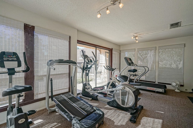 workout area with carpet flooring and a textured ceiling