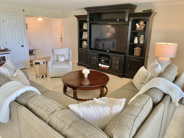 tiled living room with ornamental molding