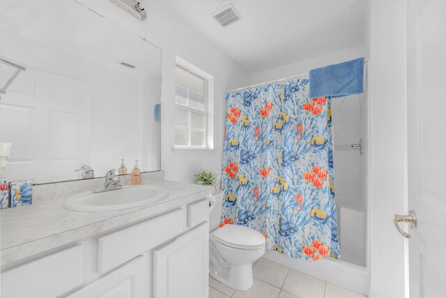 bathroom featuring tile patterned floors, walk in shower, vanity, and toilet