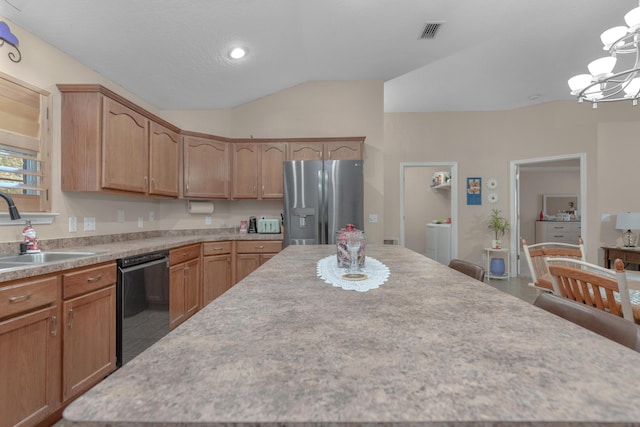 2162 Las Vegas Trl, Navarre, FL 32566 - kitchen with dishwasher, stainless steel fridge with ice dispenser, a chandelier, a center island, and light countertops