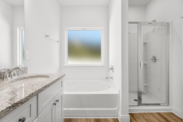 bathroom featuring vanity, separate shower and tub, and wood-type flooring