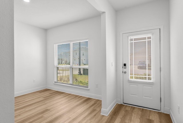 foyer entrance with a healthy amount of sunlight and light hardwood / wood-style flooring