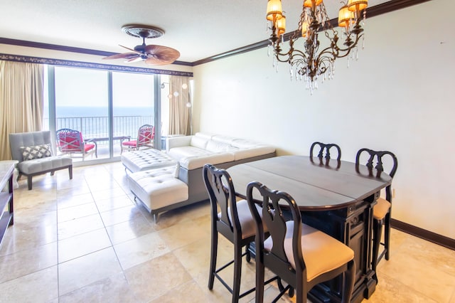 tiled dining area with a water view, ceiling fan with notable chandelier, and ornamental molding