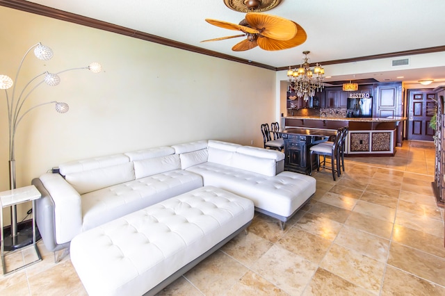 living room with ornamental molding and an inviting chandelier