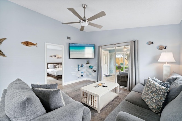 living room featuring wood-type flooring, ceiling fan, and lofted ceiling