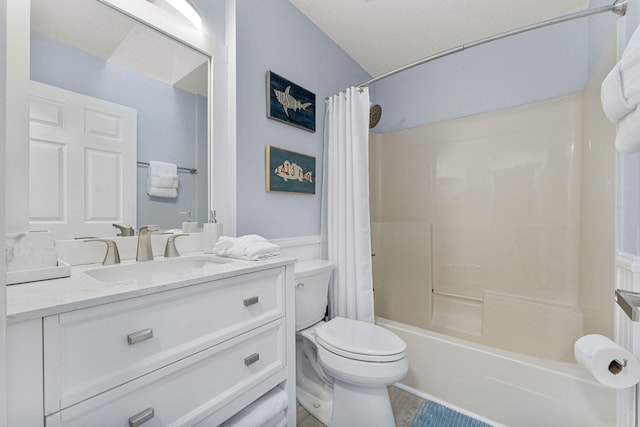 full bathroom featuring vanity, shower / bathtub combination with curtain, a textured ceiling, and toilet