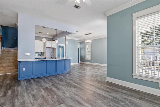 kitchen with a wealth of natural light, white cabinetry, dark hardwood / wood-style flooring, and hanging light fixtures