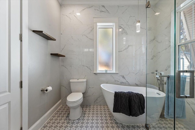 bathroom with toilet, tile walls, and a tub