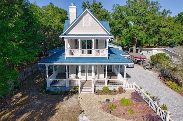 14138 State Highway 20, Niceville, FL 32578 - view of front facade featuring a porch, a chimney, a metal roof, and a fenced backyard