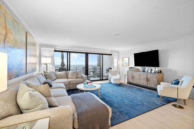 living room featuring floor to ceiling windows, wood-type flooring, and ornamental molding