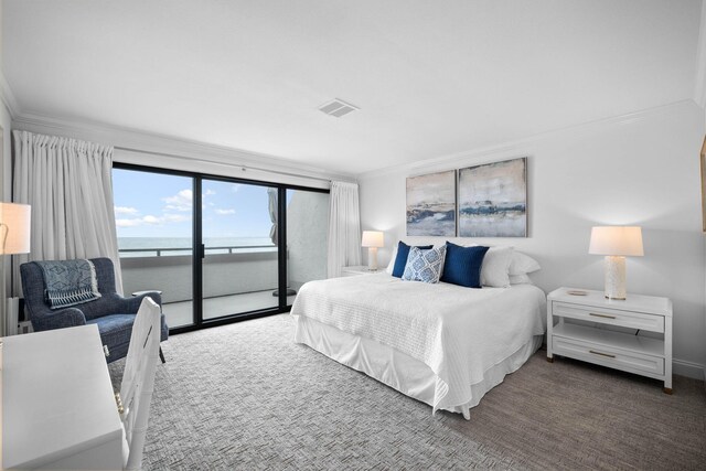 carpeted bedroom with access to exterior, crown molding, and a water view