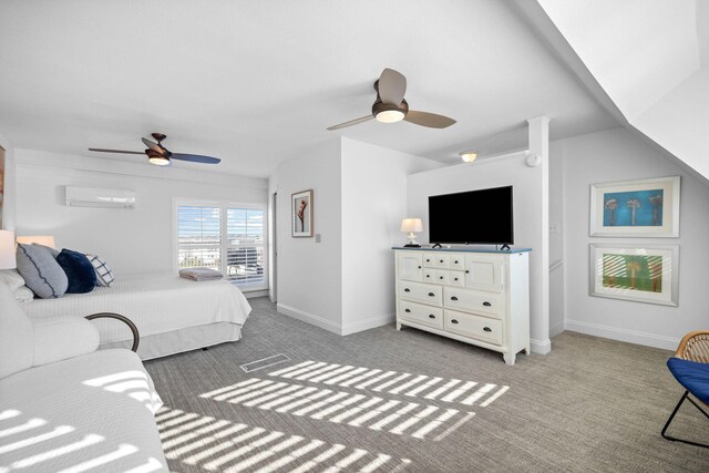 bedroom with an AC wall unit, light carpet, and ceiling fan