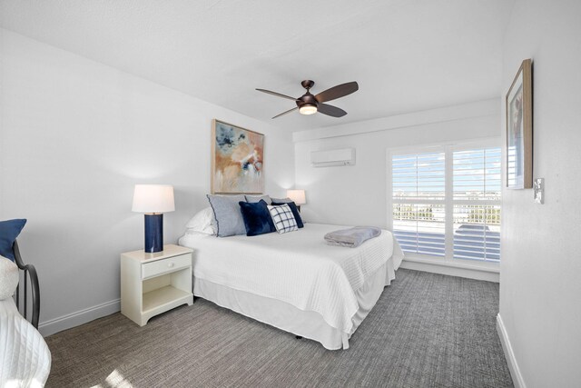 bedroom featuring a wall mounted air conditioner, dark carpet, and ceiling fan