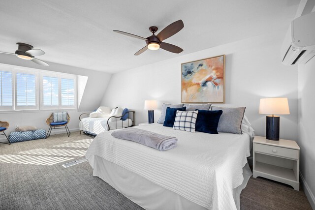 carpeted bedroom with a wall mounted air conditioner, ceiling fan, and vaulted ceiling