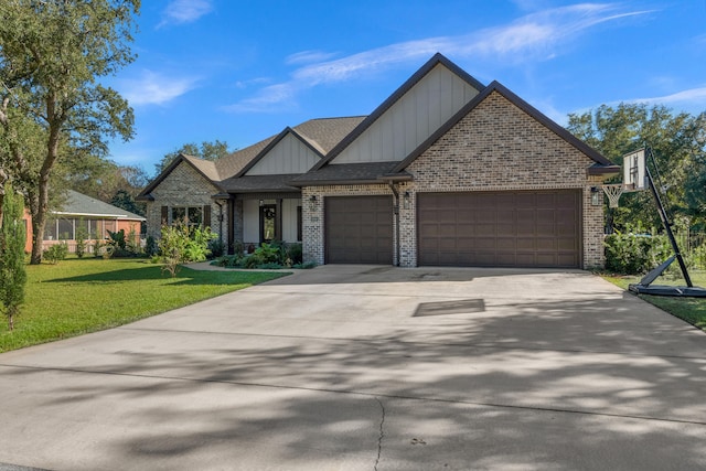 craftsman inspired home with a garage and a front yard