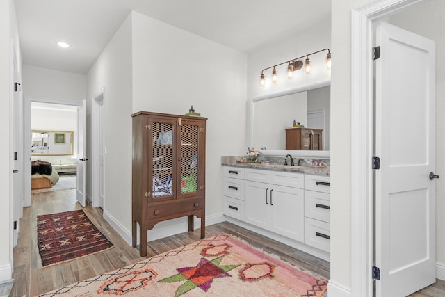 bathroom with wood-type flooring and vanity