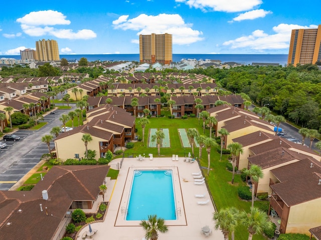 drone / aerial view with a water view