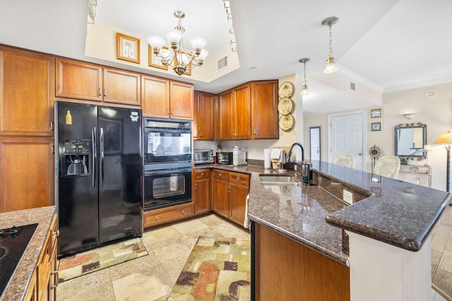 kitchen with black appliances, sink, hanging light fixtures, kitchen peninsula, and a chandelier