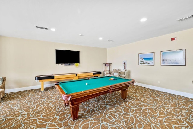 playroom featuring carpet flooring and billiards