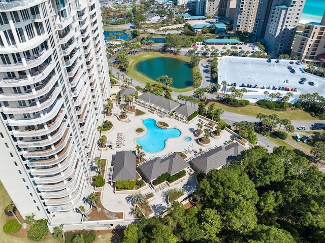 birds eye view of property featuring a water view