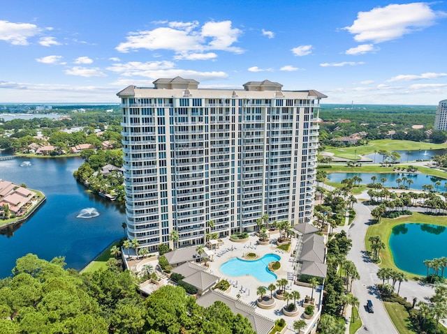 drone / aerial view with a water view