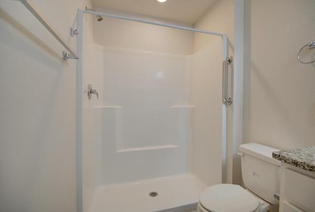 bathroom featuring a shower, vanity, and toilet