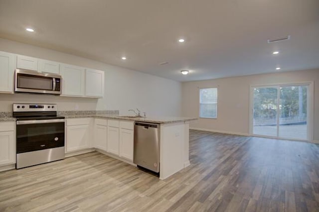 kitchen with white cabinets, stainless steel appliances, kitchen peninsula, and sink