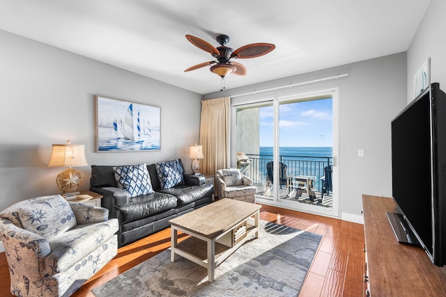 living room with ceiling fan and wood-type flooring