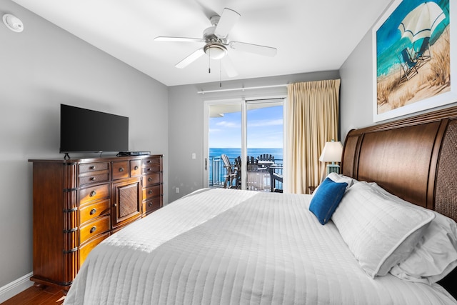 bedroom featuring wood-type flooring, access to outside, and ceiling fan