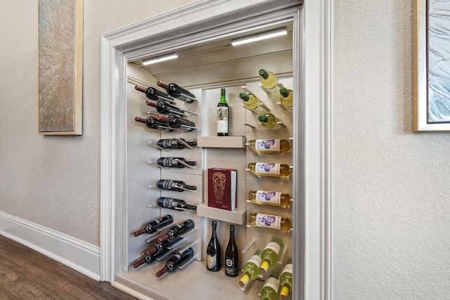 wine area with dark hardwood / wood-style flooring