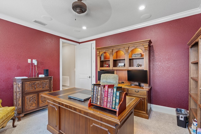 office area with light colored carpet, ceiling fan, and ornamental molding