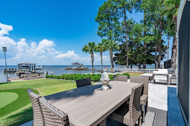 view of patio / terrace featuring a water view