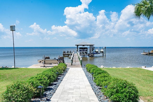 dock area featuring a yard and a water view