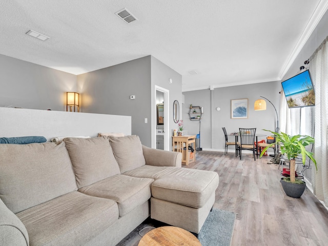 living room featuring a textured ceiling, crown molding, and light hardwood / wood-style flooring