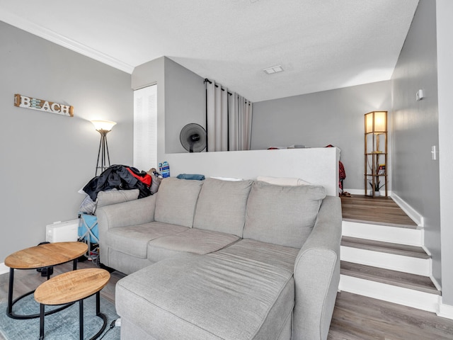 living room featuring wood-type flooring, a textured ceiling, and ornamental molding