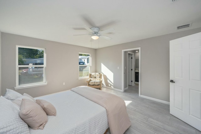 bedroom featuring ceiling fan and light wood-type flooring