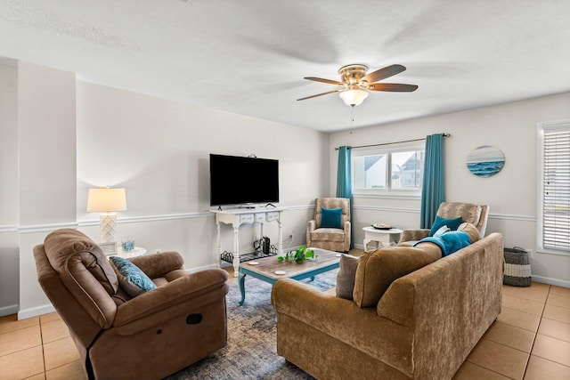 tiled living room featuring a wealth of natural light, ceiling fan, and a textured ceiling