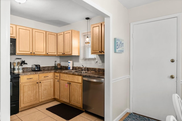 kitchen with sink, light brown cabinets, decorative light fixtures, light tile patterned floors, and black appliances